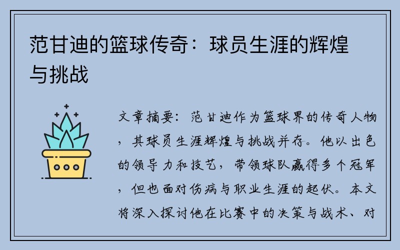 范甘迪的篮球传奇：球员生涯的辉煌与挑战